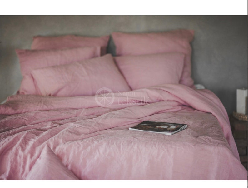 Washed linen bedding set in light rose color_ Stone washed linen duvet Cover & 2 Pillow cases_100% European linen bed set_ European flax image 4