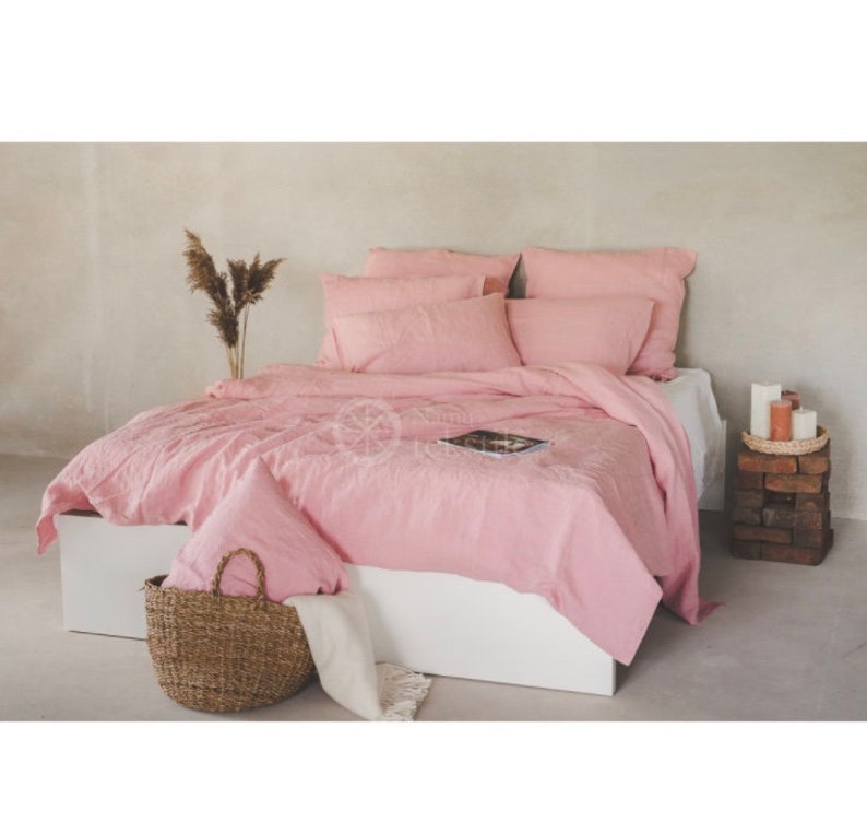 Washed linen bedding set in light rose color_ Stone washed linen duvet Cover & 2 Pillow cases_100% European linen bed set_ European flax image 2