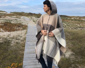 Hooded Wool Cape Wrap: 100% Natural New Zealand Wool, Brown Plaid