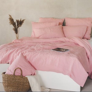 Washed linen bedding set in light rose color_ Stone washed linen duvet Cover & 2 Pillow cases_100% European linen bed set_ European flax image 1