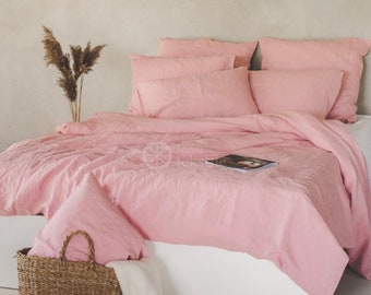 Washed linen bedding set in light rose color_ Stone washed linen duvet Cover & 2 Pillow cases_100% European linen bed set_ European flax