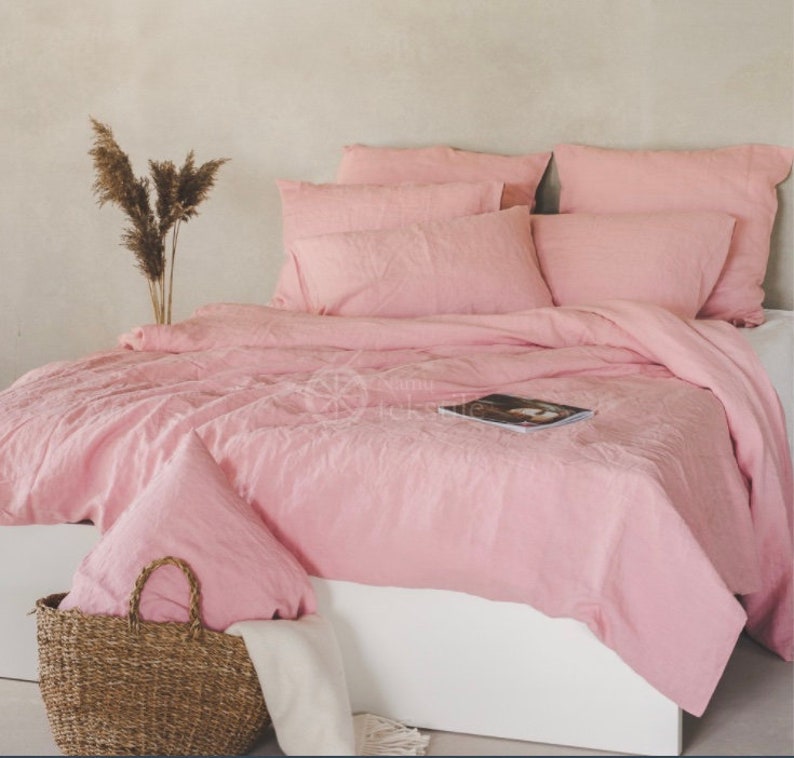 Washed linen bedding set in light rose color_ Stone washed linen duvet Cover & 2 Pillow cases_100% European linen bed set_ European flax image 1