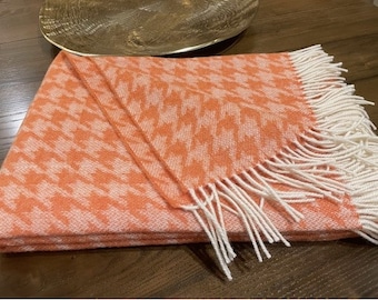 Manta reversible de lana 100% de tejido sólido naranja y blanco de lana virgen de Nueva Zelanda colcha orgánica a cuadros manta de sofá grande