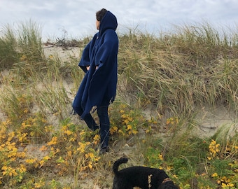 Wool Cape with Hood, Dark Blue Fleece Wrap, Natural New Zealand Wool