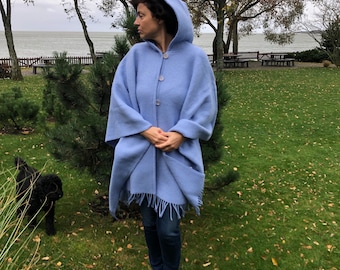 Woolen CAPE with a HOOD, Wool Wrap, Wool Poncho 100%, Natural Wool, Fleece Wrap, NEW, Size 51 x 75 In, Eco, Gift