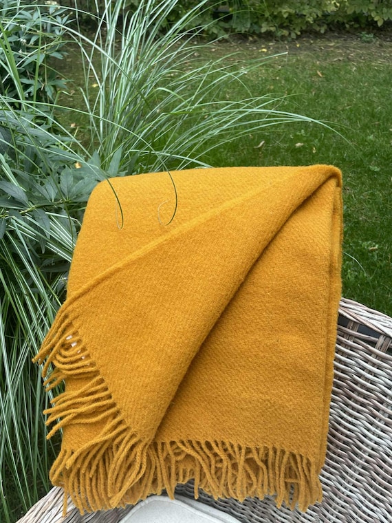 Orange Gelbe Decke aus reiner Wolle: 100% Schurwolle aus Neuseeland Schurwolle, karierte Tagesdecke - große Sofa-Decke, 140 x 200 cm/55x79