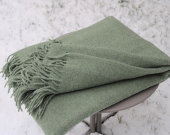 Sage Green Wool Blanket: 100% New Zealand Virgin Wool, 55x79 in - Plaid Bedspread, Large Sofa Blanket & Decke