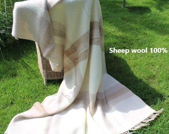Manta grande de lana de oveja color beige / Manta 100% lana natural / Manta de lana de cordero de la más alta calidad para sofá / Cubrecama de lana a cuadros 51 x 83 pulgadas