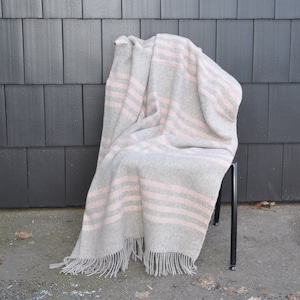 Premium quality sheep wool blanket, undyed wool with coral color stripes, organic wool throw, plaid, bedspread, home decor, eco wool