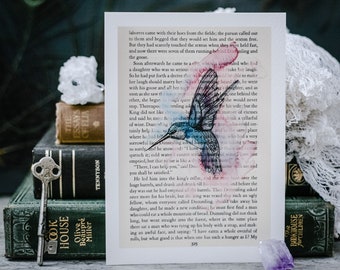 Impresión de arte colibrí, pájaro acuarela en la página del libro vintage, 5x7