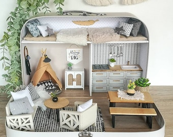 Large Dollhouse in a Suitcase, The Sleepover Suite, Miniature furniture in 1:12 scale, Maileg mouse house