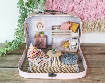 Small Dollhouse in a Suitcase , Dollhouse, Miniature furniture, 1:12 scale, Maileg mouse house