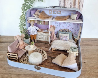 Large Dollhouse in a Suitcase, Miniature furniture in 1:12 scale, Maileg mouse house