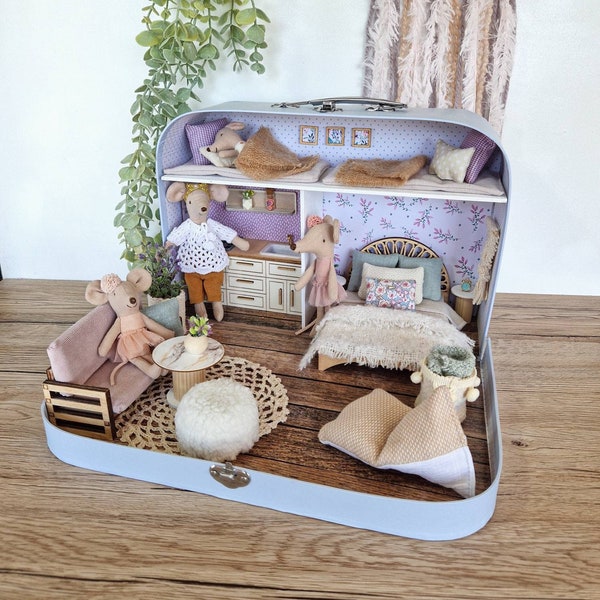 Large Dollhouse in a Suitcase, Miniature furniture in 1:12 scale, Maileg mouse house