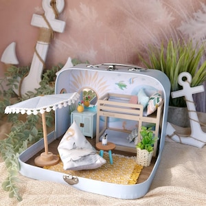 Small Summer Dollhouse in a Suitcase , Little mouse Dollhouse, Miniature furniture, 1:12 scale, Maileg mouse house