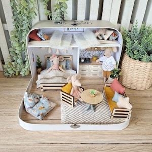Large Dollhouse in a Suitcase, Bluebird Cottage, Miniature furniture in 1:12 scale, Maileg mouse house, Little houses Dollhouse