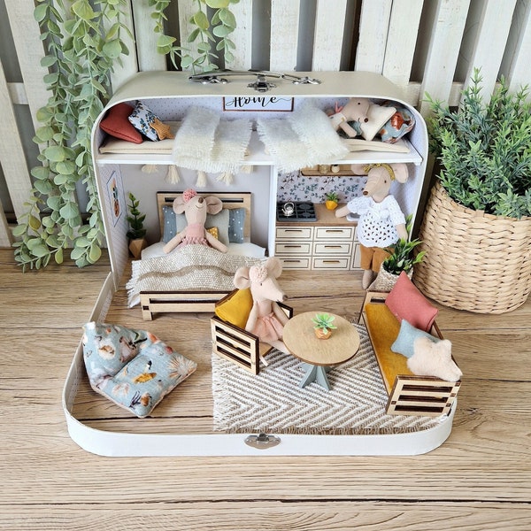 Large Dollhouse in a Suitcase, Miniature furniture in 1:12 scale, Maileg mouse house