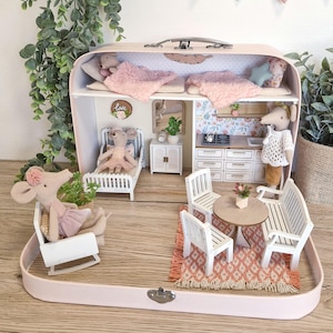 Large Dollhouse in a Suitcase,Cozy Rose Cottage, Miniature furniture in 1:12 scale, Maileg mouse house