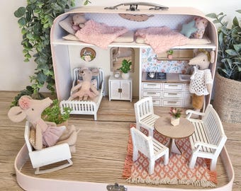 Large Dollhouse in a Suitcase,Cozy Rose Cottage, Miniature furniture in 1:12 scale, Maileg mouse house