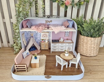 Large Dollhouse in a Suitcase, Miniature furniture in 1:12 scale, Maileg mouse house