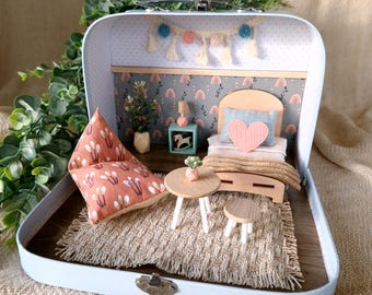 Small Dollhouse in a Suitcase Rose Rainbow Dollhouse, Christmas gift for kids, Portable dollhouse, creative play