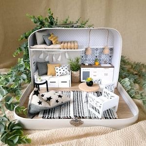 Medium Dollhouse in a Suitcase, Charming Greys, Miniature furniture in 1:12 scale, Maileg mouse house