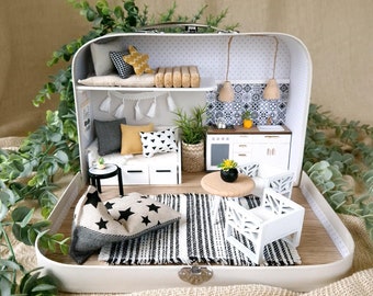 Medium Dollhouse in a Suitcase, Charming Greys, Miniature furniture in 1:12 scale, Maileg mouse house