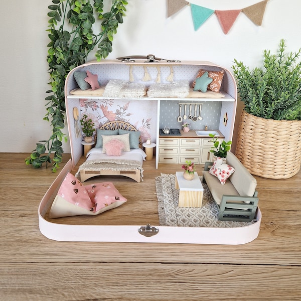 Large Dollhouse in a Suitcase, Miniature furniture in 1:12 scale, Maileg mouse house