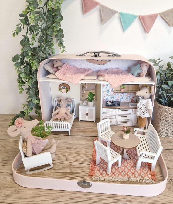 Large Dollhouse in a Suitcase,cozy Rose Cottage, Miniature