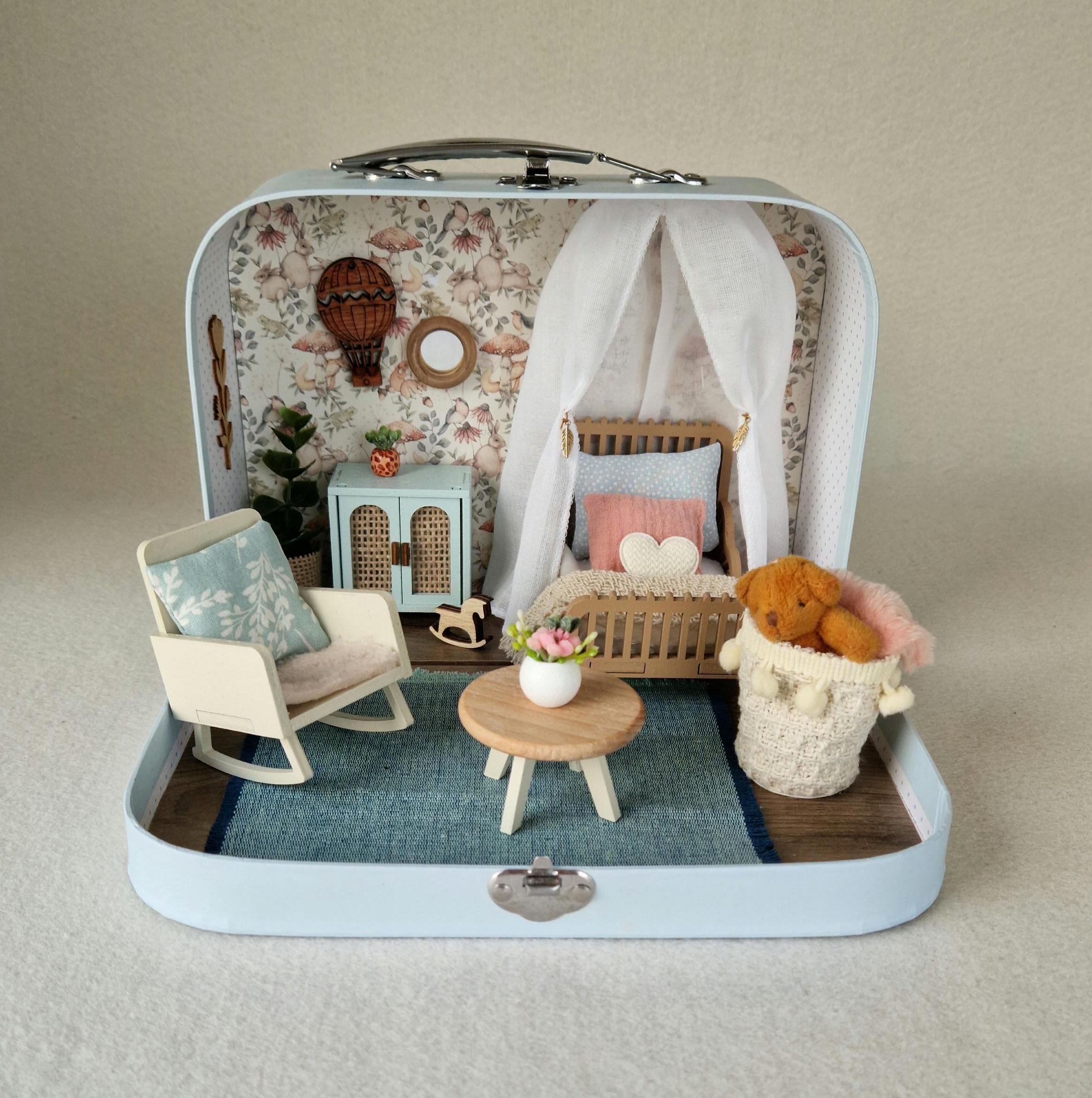 Small Dollhouse in a Suitcase , Easter Bunnies Home, Dollhouse