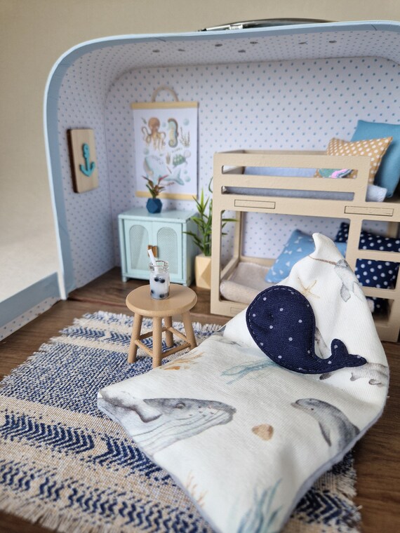Lit Superposé Miniature Maison De Poupée Échelle 1:12 – Meuble Bois Bleu Avec Échelle – Déco Accessoire Pour Poupée