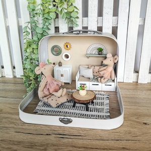 Small Dollhouse in a Suitcase, Maileg mouse furniture, Miniature furniture, 1:12 scale, Scandinavian travel dollhouse