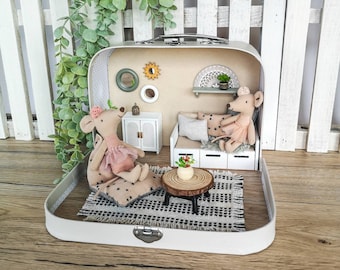Small Dollhouse in a Suitcase, Maileg mouse furniture, Miniature furniture, 1:12 scale, Scandinavian travel dollhouse