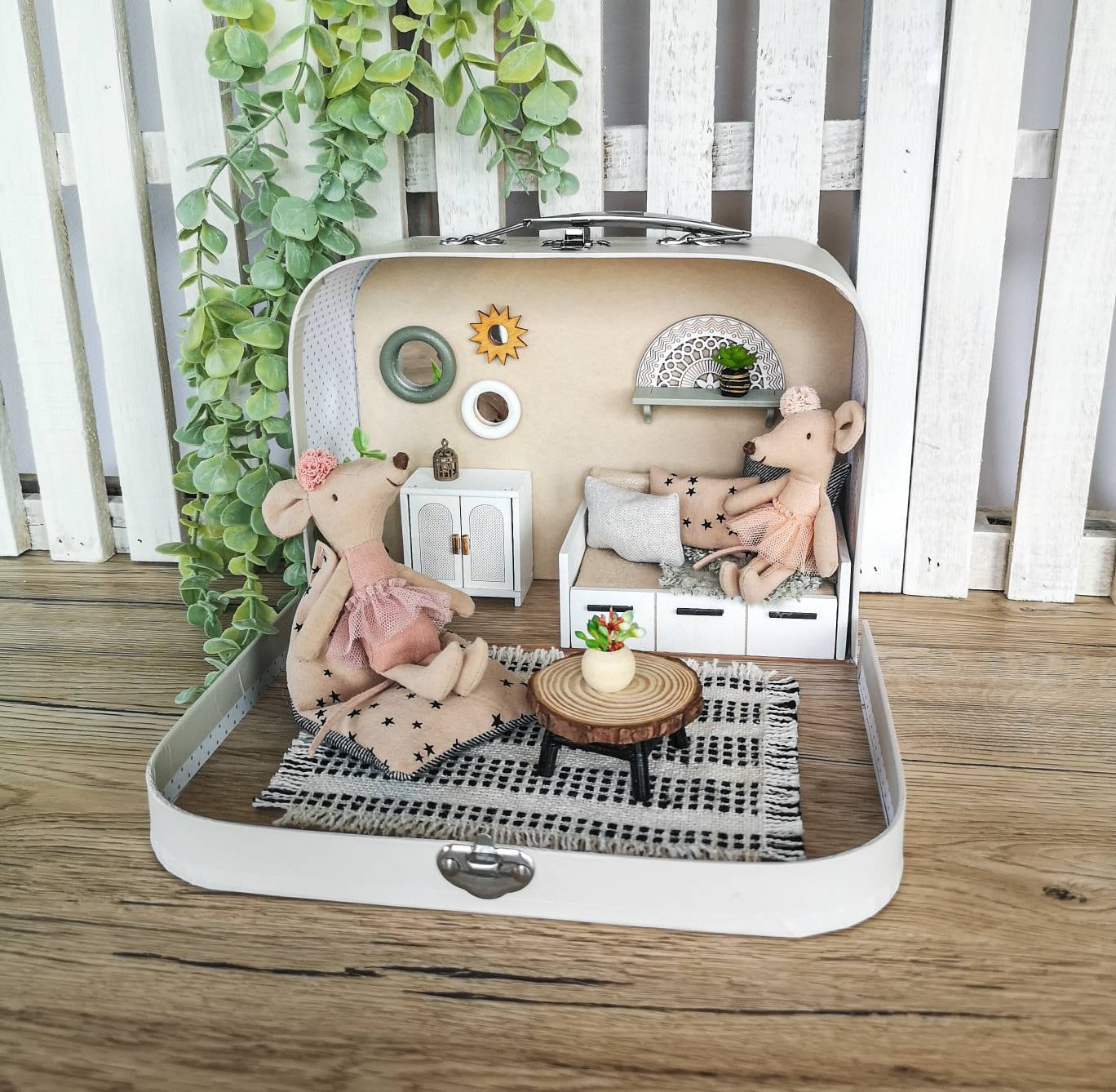 Small Dollhouse in a Suitcase, Maileg mouse furniture, Miniature furniture, 1:12 scale, Scandinavian travel dollhouse