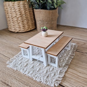 Miniature dining set 1:12 scale, White and Wood, modern miniature dollhouse furniture ( perfect for Ikea Dollhouse)