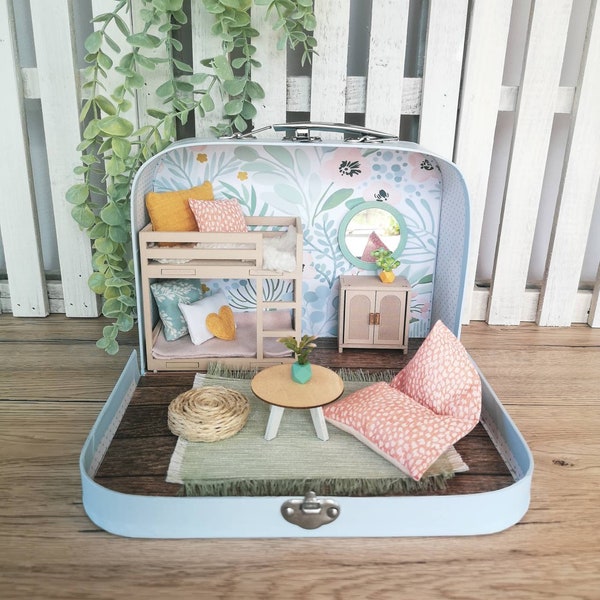 Small dollhouse in a Suitcase, Miniature furniture in 1:12 scale, Maileg mouse house