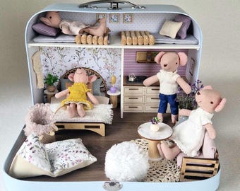 Large Dollhouse in a Suitcase, Lavender Luxe, Miniature Furniture