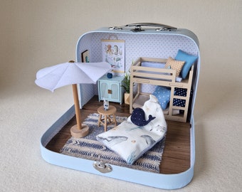 Small Dollhouse in a Suitcase , Dollhouse, Miniature furniture, 1:12 scale, Maileg mouse house