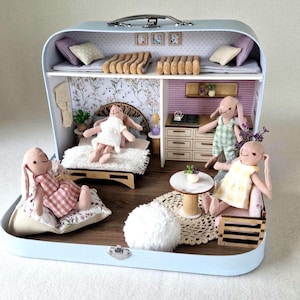 Large Dollhouse in a Suitcase, Lavender Luxe, Miniature furniture in 1:12 scale, Maileg mouse house, Vintage doll house