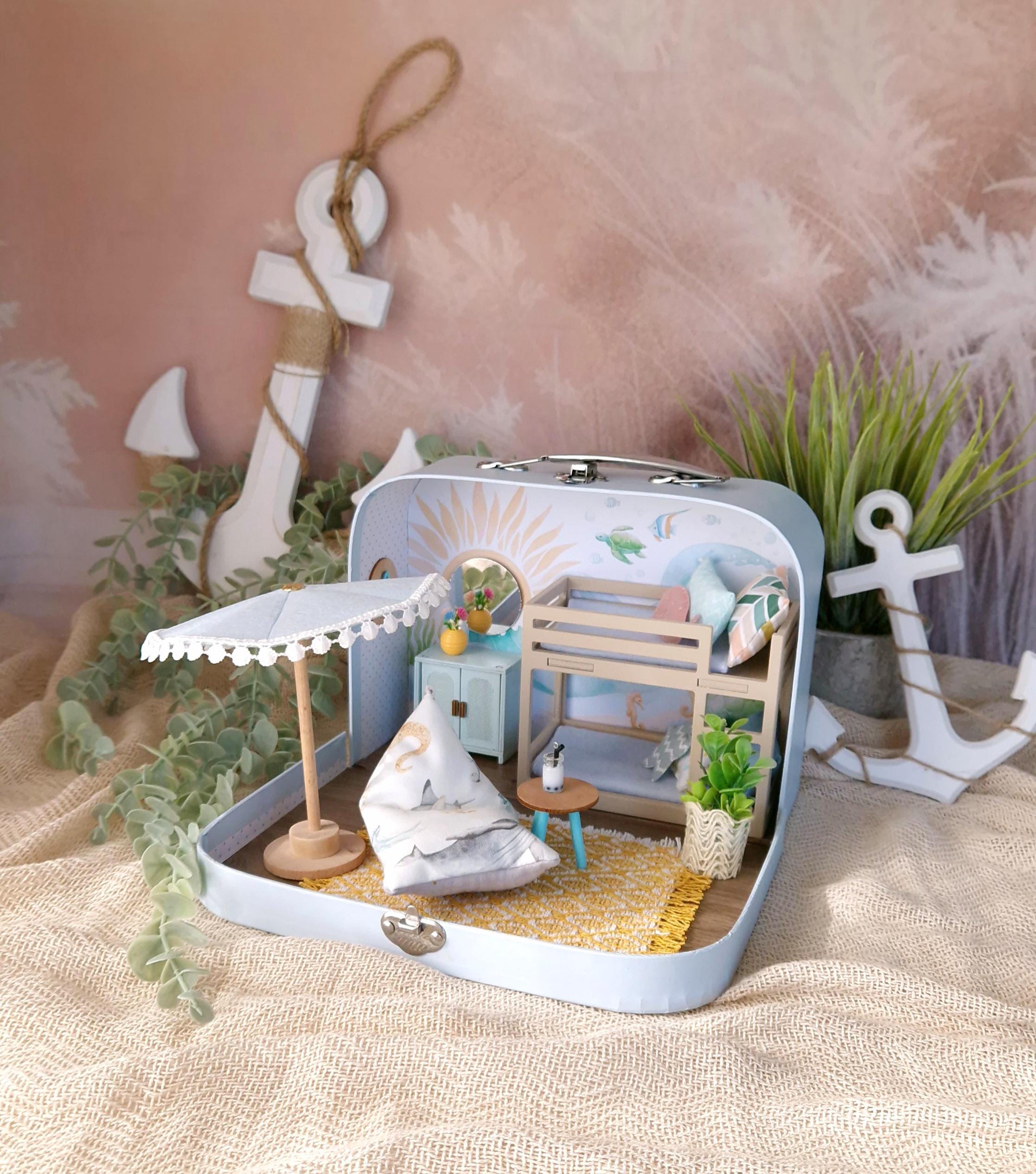 Small Summer Dollhouse in a Suitcase , Little mouse Dollhouse, Miniature furniture, 1:12 scale, Maileg mouse house
