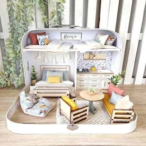 Large Dollhouse in a Suitcase, Bluebird Cottage, Miniature furniture in 1:12 scale, Maileg mouse house, Little houses Dollhouse