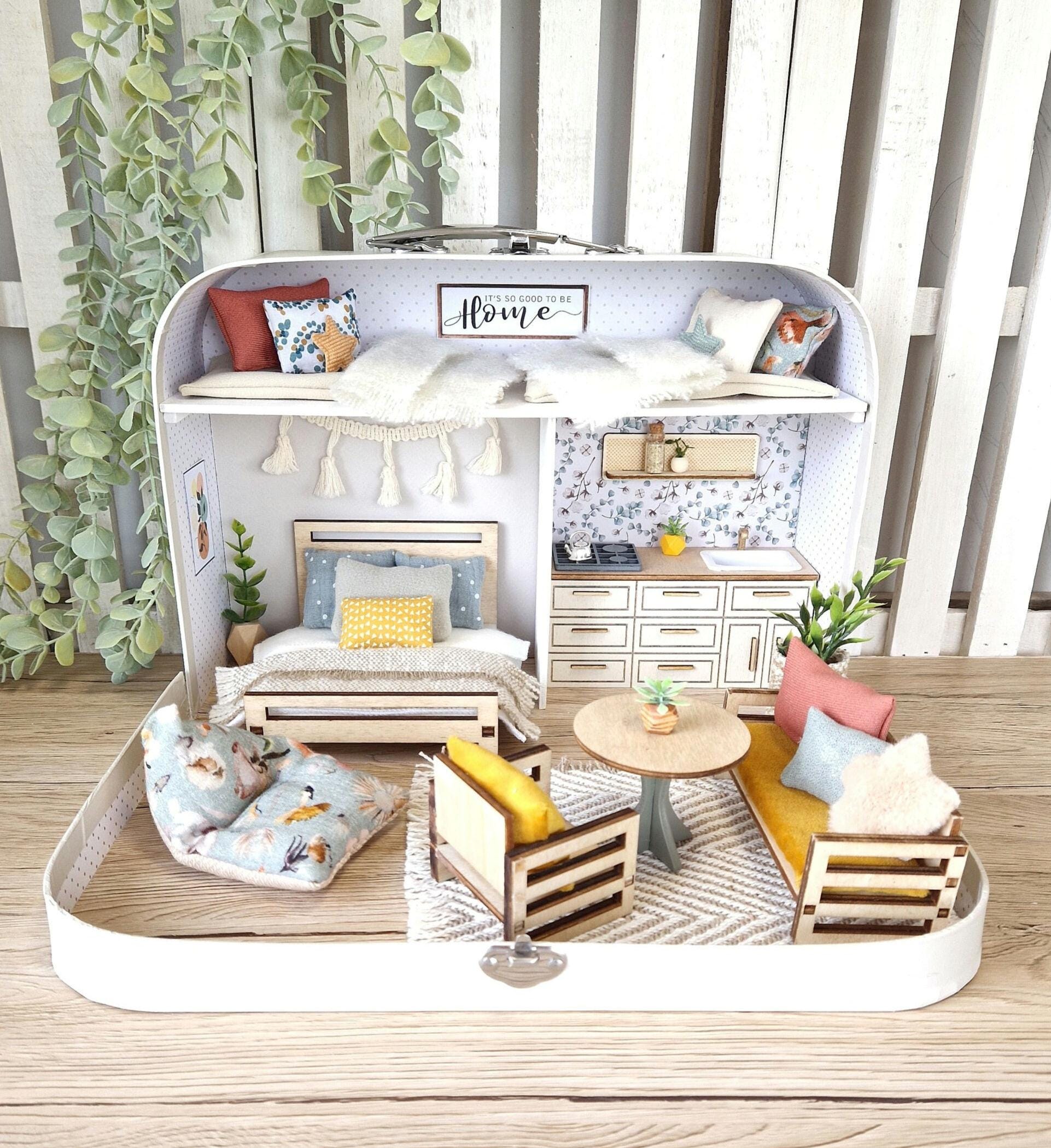 Large Dollhouse in a Suitcase, Bluebird Cottage, Miniature furniture in 1:12 scale, Maileg mouse house, Little houses Dollhouse