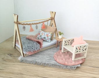 Ensemble de chambre pour enfants Dolhouse à l’échelle 1:12, ensemble de meubles miniatures, souris maileg (parfait pour la maison de poupée Ikea)