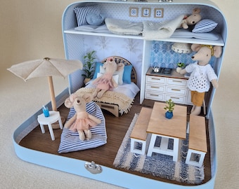 Coastal Large Dollhouse in a Suitcase, Miniature furniture in 1:12 scale, Maileg mouse house