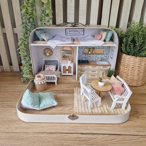 Large Dollhouse in a Suitcase, Pastel Playhouse, Handmade wooden miniature furniture, Maileg mouse house