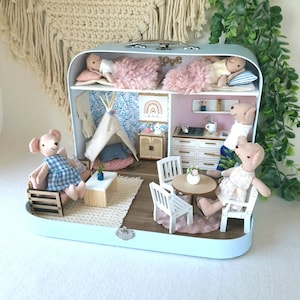 Large Dollhouse in a Suitcase, Cotton Candy Cottage, Miniature furniture in 1:12 scale, Maileg mouse house