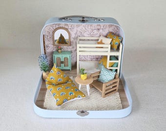 Small Dollhouse in a Suitcase ,Floral, Dollhouse, Miniature furniture, 1:12 scale, Maileg mouse house