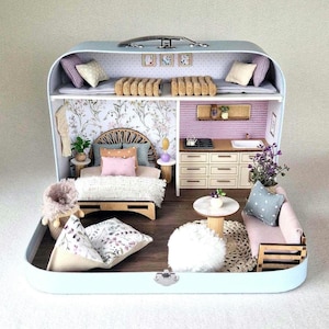 Large Dollhouse in a Suitcase, Lavender Luxe, Miniature furniture in 1:12 scale, Maileg mouse house, Vintage doll house