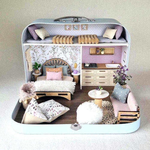 Large Dollhouse in a Suitcase, Lavender Luxe, Miniature Furniture