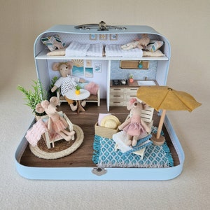 Summer Large Dollhouse in a Suitcase, Miniature furniture in 1:12 scale, Maileg mouse house
